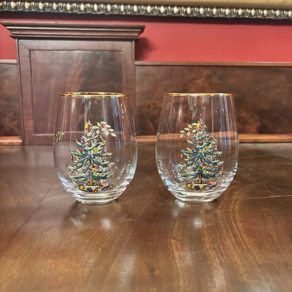 Spode Christmas Tree Stemless Wine Glasses Gold Trim Holiday Cocktail Set of‎ 2